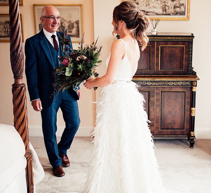 Father of The Bride First Look with his Daughter in her  Charlie Brear Payton Bridal Gown &amp; Piora Feather Skirt