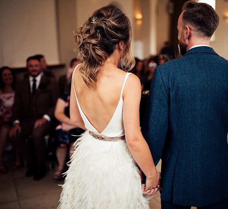 Bride in Charlie Brear Payton Bridal Gown &amp; Piora Feather Skirt and Groom in Three Piece Wool Suit Just Married