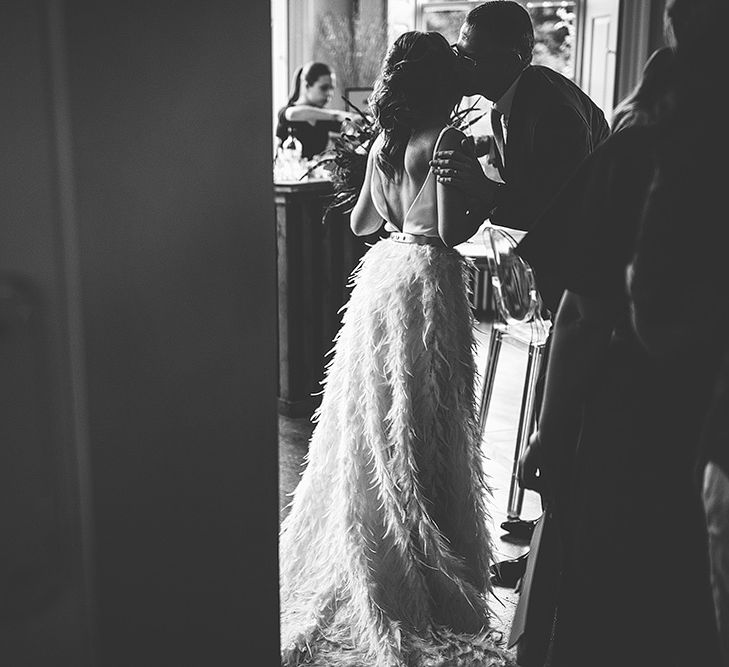 Black and White Portrait of Bride in Charlie Brear Payton Bridal Gown &amp; Piora Feather Skirt