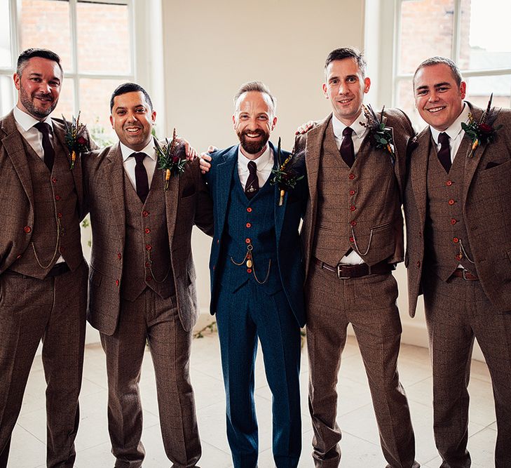 Groomsmen in Navy and Brown Check Wool Suits