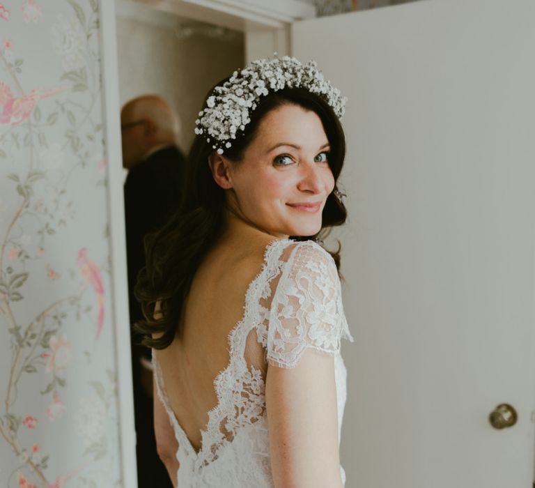 Lace wedding dress for bride at Ramster Hall wedding