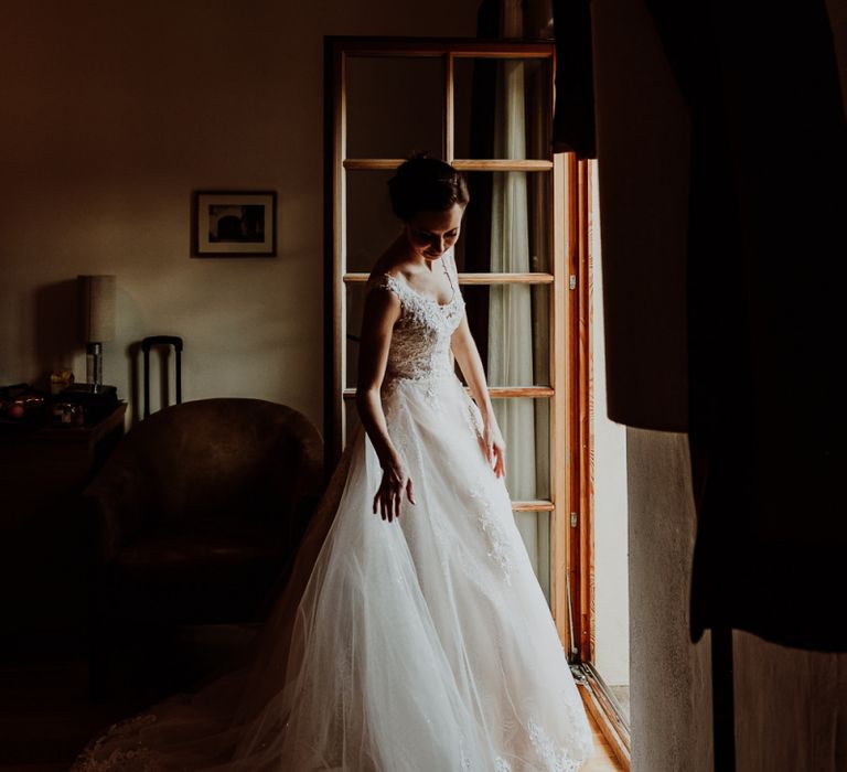 Bride in Lace and Tulle Princess Wedding Dress