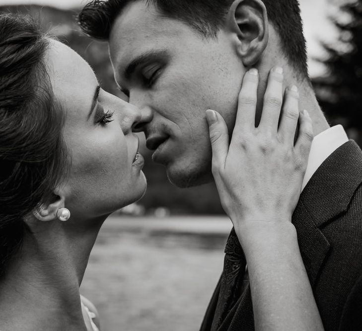 Black And white Portrait of Bride and Groom Kissing