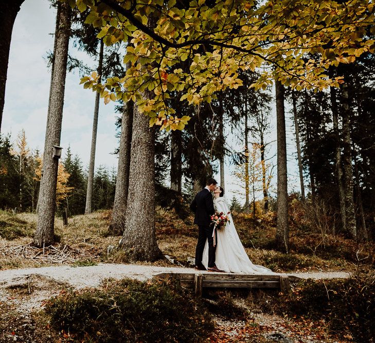 Bride and Groom Wedding Portrait in the Woods with Tall Trees