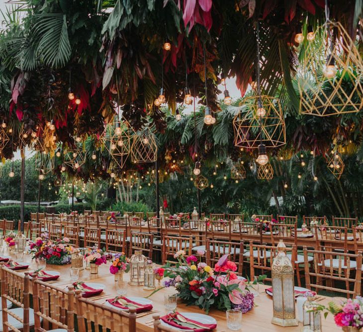 Amazing flower and light installation for wedding reception