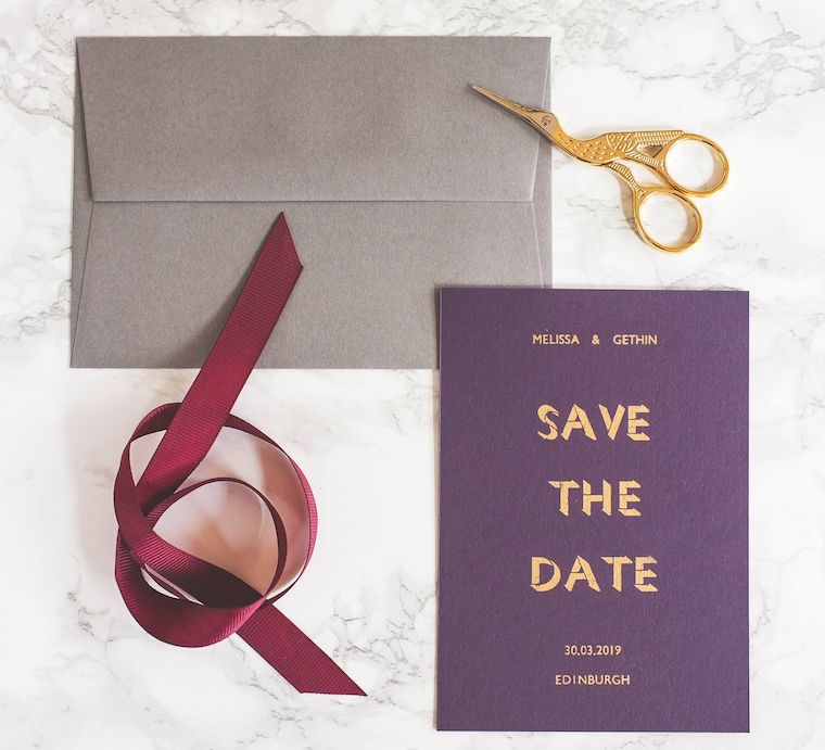 Ink and Paper Gold On Purple Luxury Save The Date