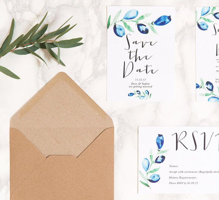 Olive and Bramble Blue Floral Calligraphy Save The Date Wedding Stationery Suite