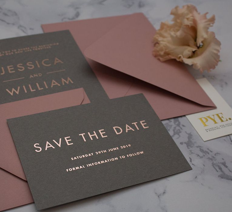 PYE Rose Gold on Grey and Mauve Save The Dates