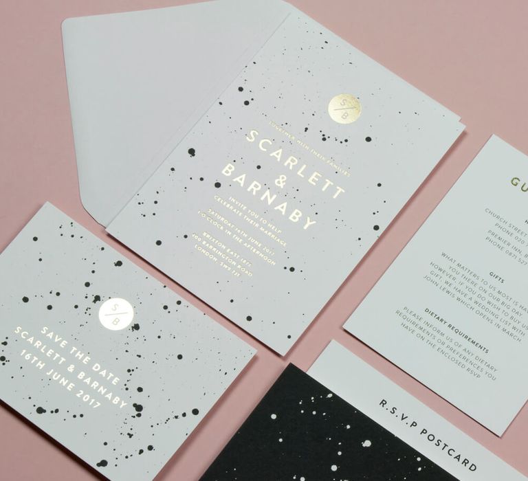 Paper Grace Splatter Monochrome Wedding Stationery Suite with Gold Foil