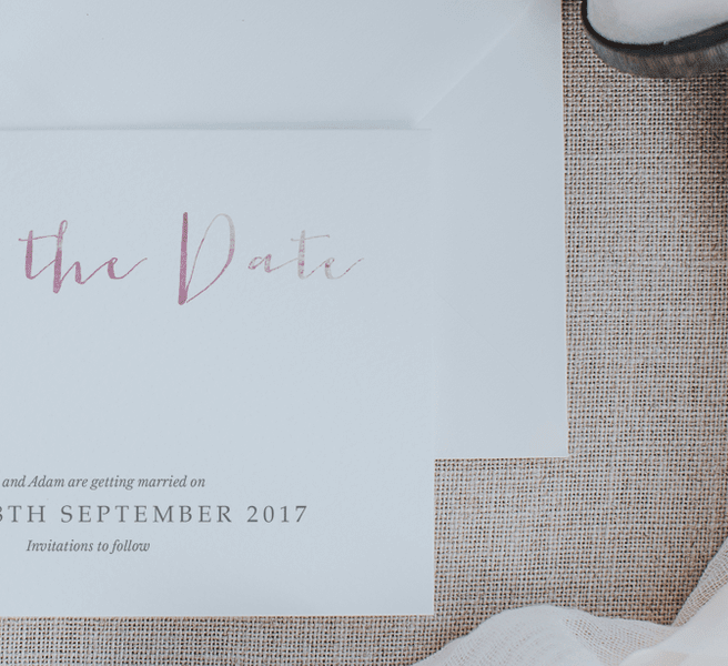 Lilac and White Pink on White Calligraphy Save The Date