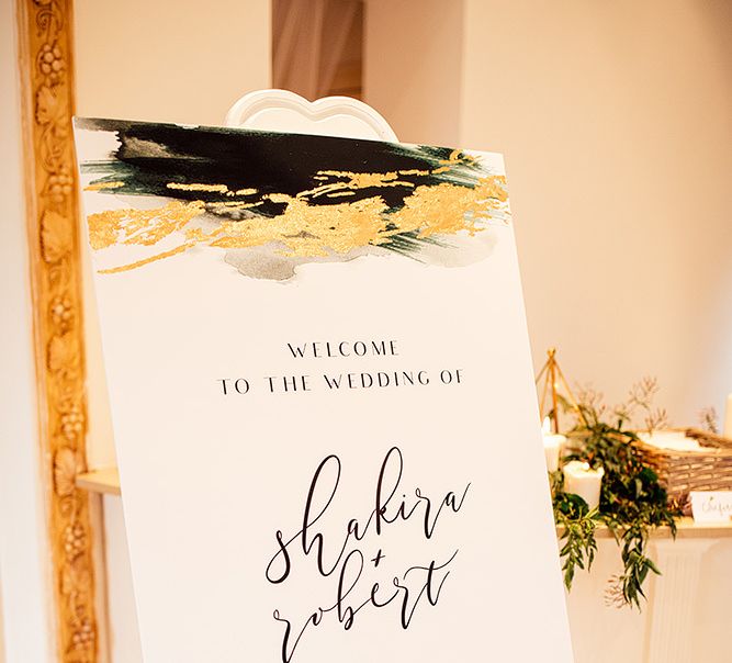 Wedding Welcome Sign with Script Front and Gold Detail