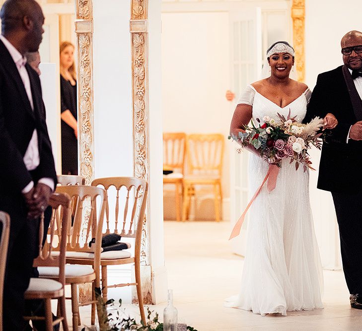 Black Bride in Juliet Cap Veil and Eliza Jane Howell Wedding Dress Walking Down the Aisle at Northbrook Park