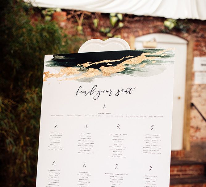 Find Your Seat Wedding Sign with Script Font and Gold Detailing