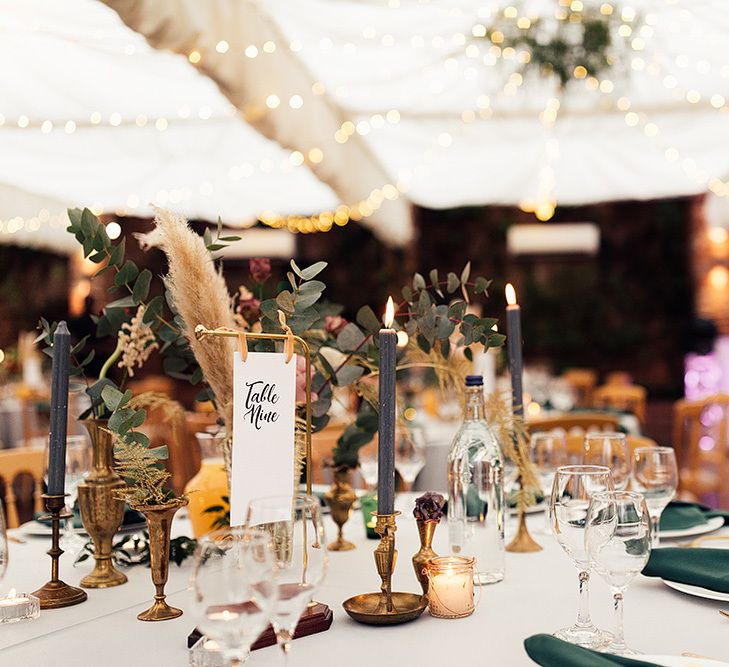 Taper Candles, Brass Vessels and Pampas Grass and Eucalyptus Flower Stems