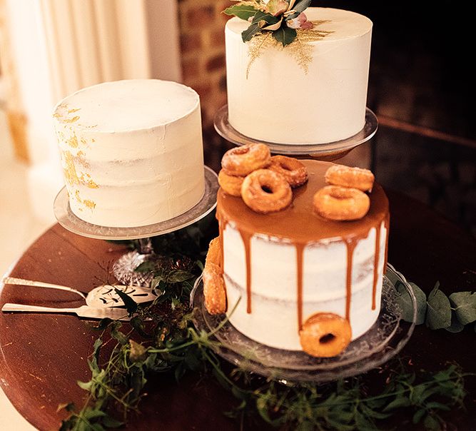 Three Single Tier Wedding Cakes Dessert Table