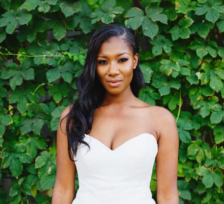 Bride in Lace Fishtail Gown with Strapless Sweetheart Neckline by Suzanne Neville | Peg Board Table Plan &amp; DIY Sweet Table for an Elmore Court Wedding | Mavric Photography