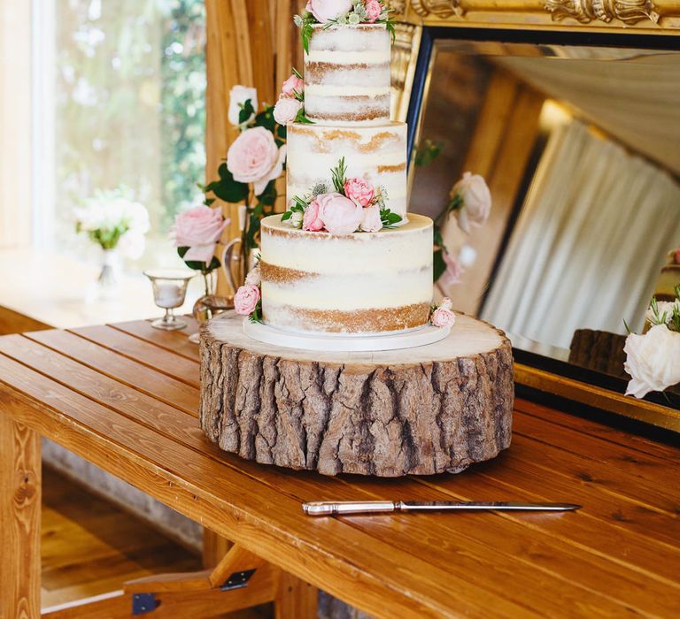 Three-Tier Semi-Naked Wedding Cake | Log Slice Cake Stand | Gold Mirror | Peg Board Table Plan &amp; DIY Sweet Table for an Elmore Court Wedding | Mavric Photography