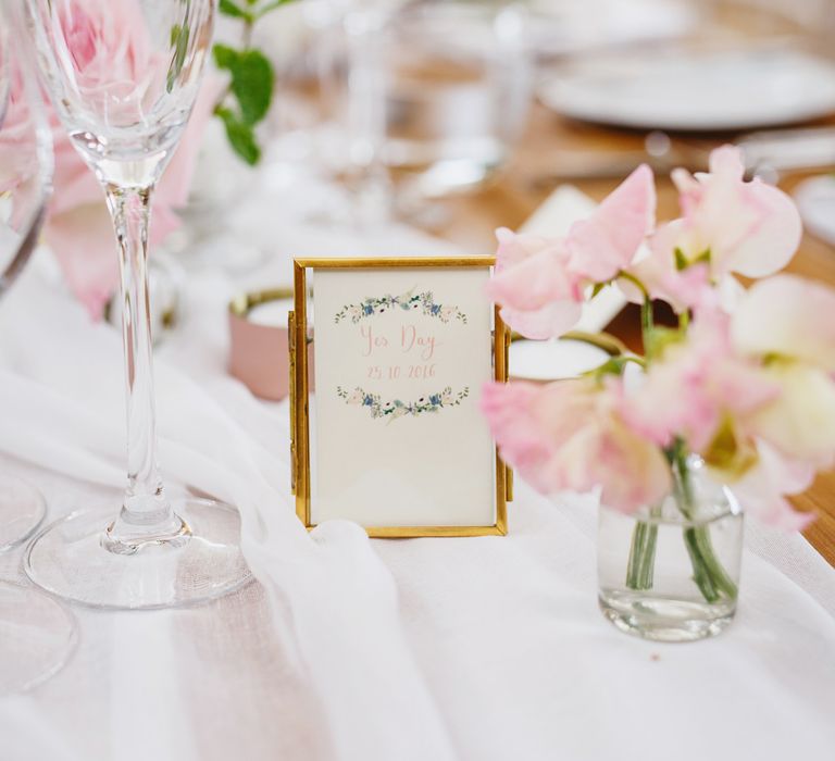 Table Name in Gold Frame | Bud Vases | Soft White Table Runner | Peg Board Table Plan &amp; DIY Sweet Table for an Elmore Court Wedding | Mavric Photography