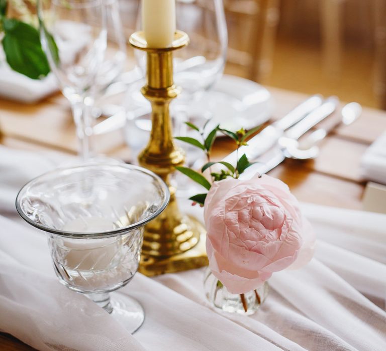 Pink Peony in Bud Vase | Soft White Table Runner | White Tapered Candle | Gold Candlestick | Peg Board Table Plan &amp; DIY Sweet Table for an Elmore Court Wedding | Mavric Photography