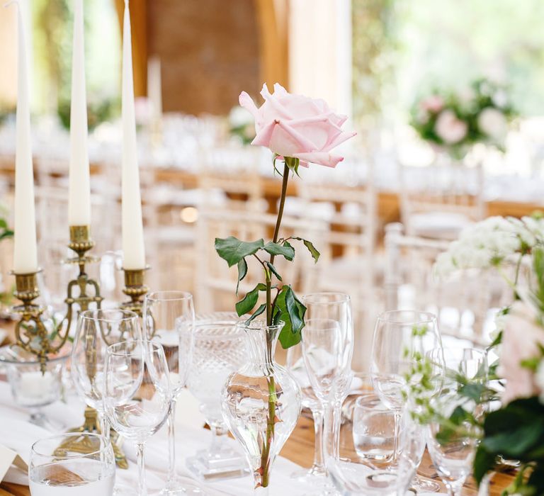 Pink Rose in Bud Vase | Soft White Table Runner | White Tapered Candles | Gold Candlestick | Peg Board Table Plan &amp; DIY Sweet Table for an Elmore Court Wedding | Mavric Photography