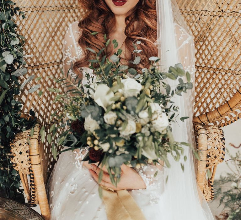 Bride with White Flower &amp; Green Foliage Bouquet | Geometric Wedding Decor &amp; Styling by Locate to Create at The Cherry Barn | Rebecca Carpenter Photography