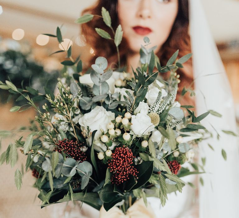 Green Foliage &amp; White Wedding Bouquet | Geometric Wedding Decor &amp; Styling by Locate to Create at The Cherry Barn | Rebecca Carpenter Photography