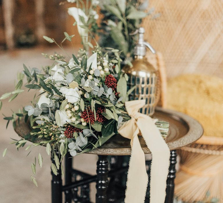 Green Foliage &amp; White Wedding Bouquet | Geometric Wedding Decor &amp; Styling by Locate to Create at The Cherry Barn | Rebecca Carpenter Photography