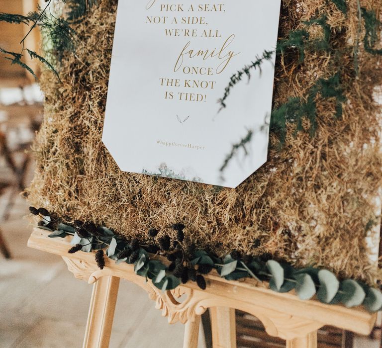 Moss Covered Wedding Sign on Easel | Geometric Wedding Decor &amp; Styling by Locate to Create at The Cherry Barn | Rebecca Carpenter Photography