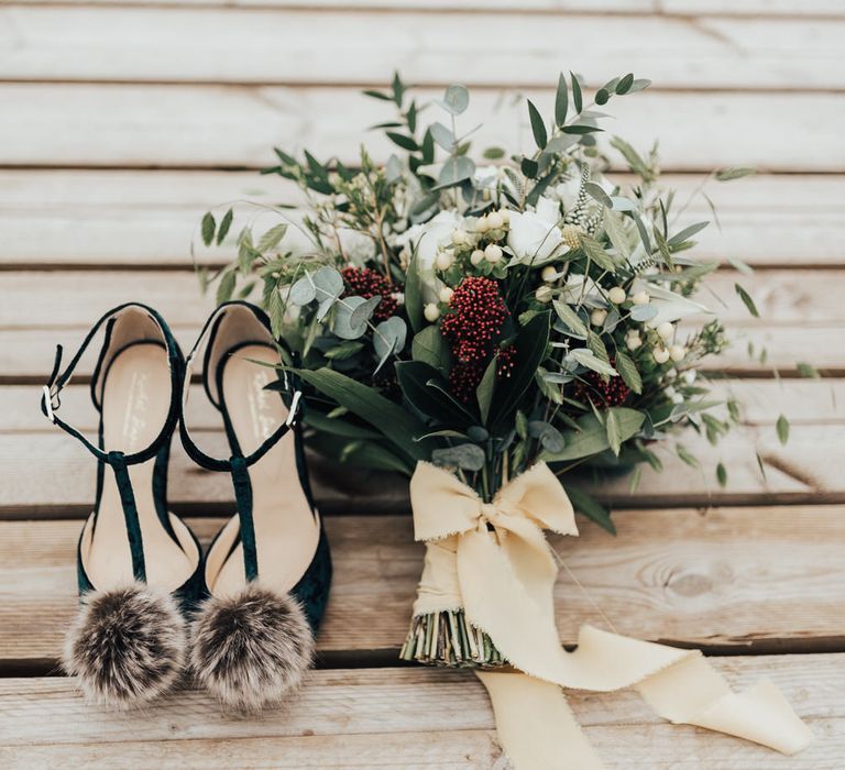 Pom Pom T-Bar Bridal Shoes &amp; Bouquet | Geometric Wedding Decor &amp; Styling by Locate to Create at The Cherry Barn | Rebecca Carpenter Photography