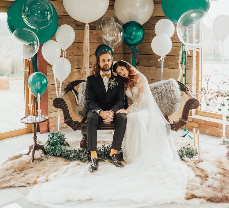 Giant Balloon Decorated Seated Area | Geometric Wedding Decor &amp; Styling by Locate to Create at The Cherry Barn | Rebecca Carpenter Photography