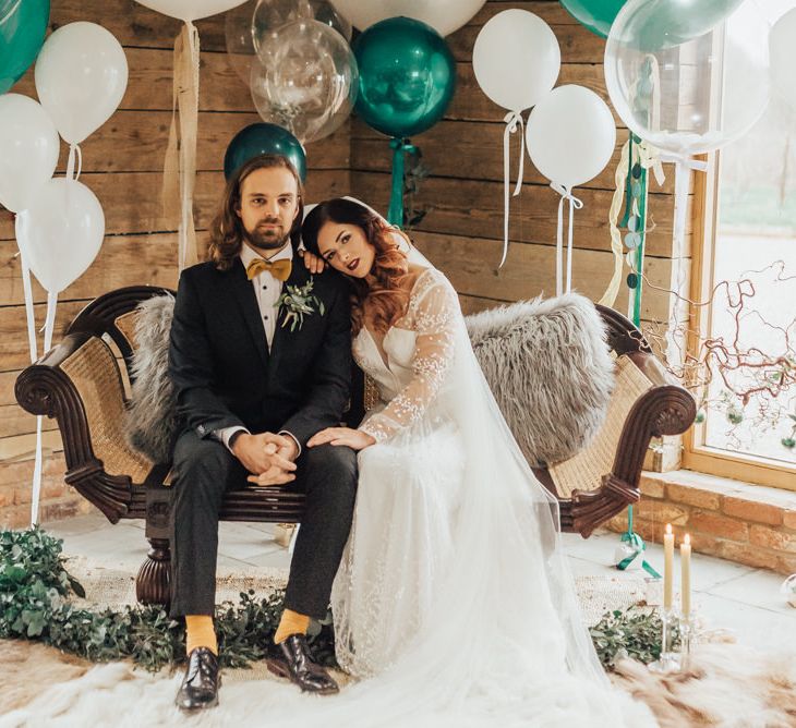 Giant Balloon Decorated Chill Out Area | Geometric Wedding Decor &amp; Styling by Locate to Create at The Cherry Barn | Rebecca Carpenter Photography