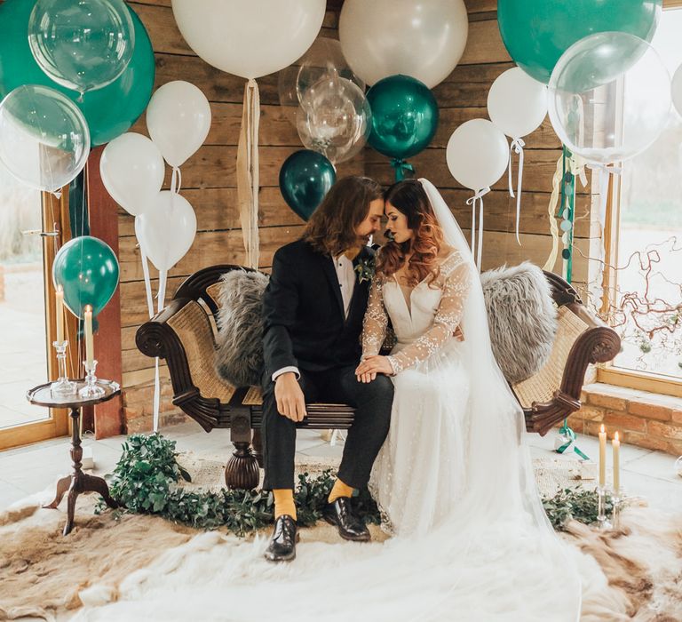 Green &amp; White Giant Balloon Wedding Decor | Geometric Wedding Decor &amp; Styling by Locate to Create at The Cherry Barn | Rebecca Carpenter Photography