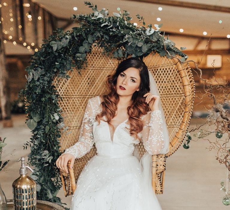 Bride on Peacock Chair | Geometric Wedding Decor &amp; Styling by Locate to Create at The Cherry Barn | Rebecca Carpenter Photography