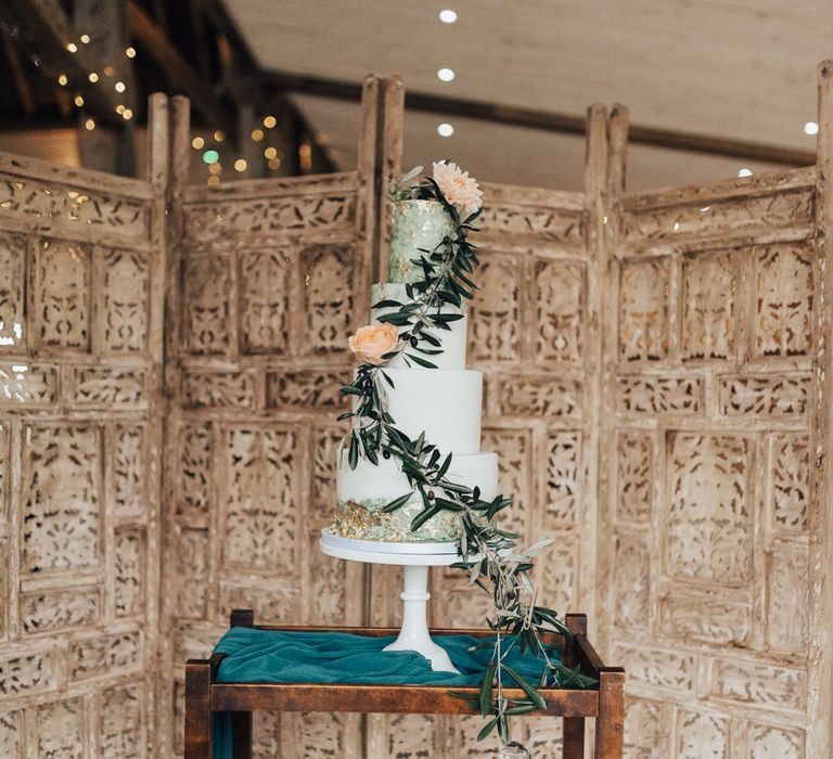 Feature Wedding Cake with Moroccan Screen Backdrop | Geometric Wedding Decor &amp; Styling by Locate to Create at The Cherry Barn | Rebecca Carpenter Photography