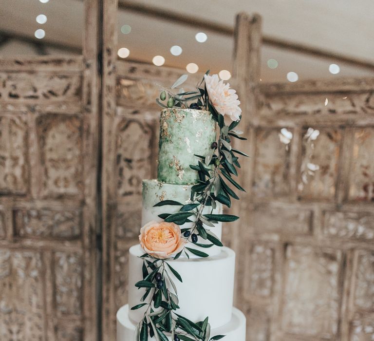 Elegant Wedding Cake with Green &amp; Gold Wedding Decor | Geometric Wedding Decor &amp; Styling by Locate to Create at The Cherry Barn | Rebecca Carpenter Photography