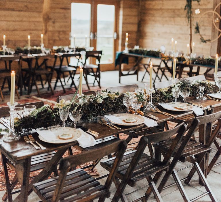 Trestle Table Wedding Reception Tables | Fairy Lights | Taper Candles | Vintage Crockery &amp; Cut Glass | Geometric Wedding Decor &amp; Styling by Locate to Create at The Cherry Barn | Rebecca Carpenter Photography