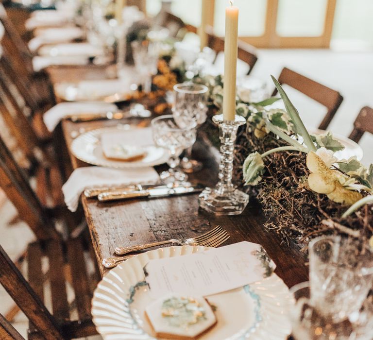 Trestle Table Wedding Reception Tables | Fairy Lights | Taper Candles | Vintage Crockery &amp; Cut Glass | Geometric Wedding Decor &amp; Styling by Locate to Create at The Cherry Barn | Rebecca Carpenter Photography