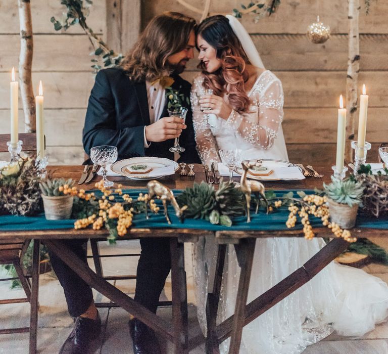 Bride &amp; Groom Sweetheart Table with Hoop Backdrop | Taper Candles | Vintage Crockery &amp; Cut Glass | Geometric Wedding Decor &amp; Styling by Locate to Create at The Cherry Barn | Rebecca Carpenter Photography