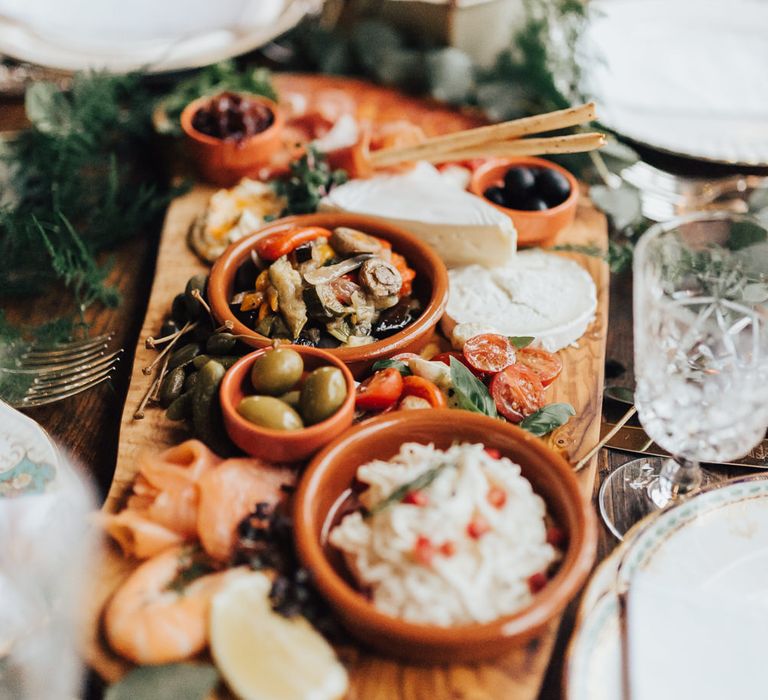 Grazing Board Wedding Reception Food | Geometric Wedding Decor &amp; Styling by Locate to Create at The Cherry Barn | Rebecca Carpenter Photography