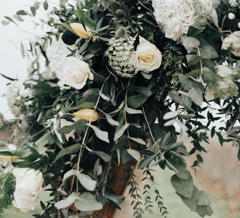 White Wedding Flowers with Greenery |  Geometric Wedding Decor &amp; Styling by Locate to Create at The Cherry Barn | Rebecca Carpenter Photography