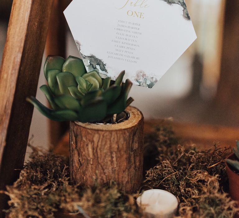 Hexagonal Table Plan Stationery in Succulent Plant Pot | Geometric Wedding Decor &amp; Styling by Locate to Create at The Cherry Barn | Rebecca Carpenter Photography