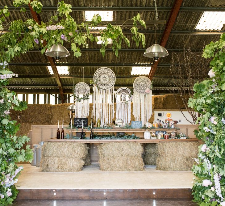 Dream Catcher Wedding Decor // Sugar Loaf Barn Wedding // Pale Grey Off The Shoulder Bridesmaids Dresses Rewritten // Groom In Harris Tweed // Hog Roast Evening Buffet // Eleanor Jane Photography