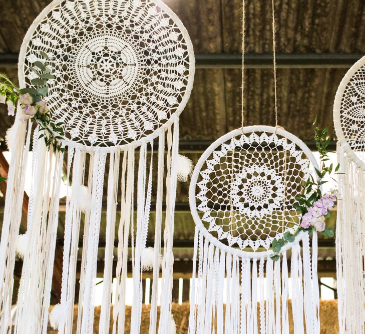 Dream Catcher Wedding Decor // Sugar Loaf Barn Wedding // Pale Grey Off The Shoulder Bridesmaids Dresses Rewritten // Groom In Harris Tweed // Hog Roast Evening Buffet // Eleanor Jane Photography