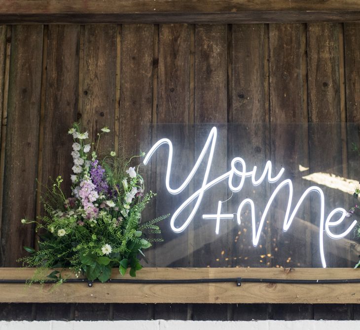 You &amp; Me Neon Sign For Wedding // Sugar Loaf Barn Wedding // Pale Grey Off The Shoulder Bridesmaids Dresses Rewritten // Groom In Harris Tweed // Hog Roast Evening Buffet // Eleanor Jane Photography