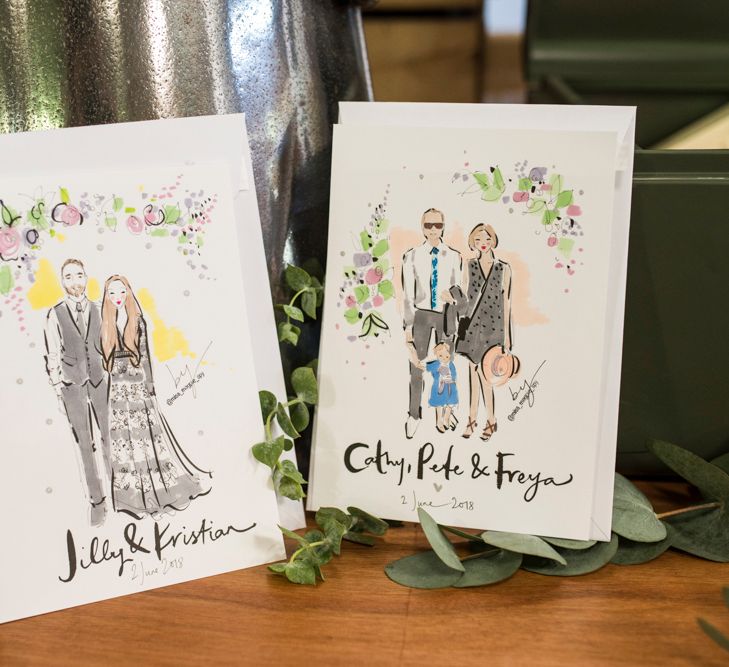 Fashion Illustrations of Wedding Guests // Sugar Loaf Barn Wedding // Pale Grey Off The Shoulder Bridesmaids Dresses Rewritten // Groom In Harris Tweed // Hog Roast Evening Buffet // Eleanor Jane Photography