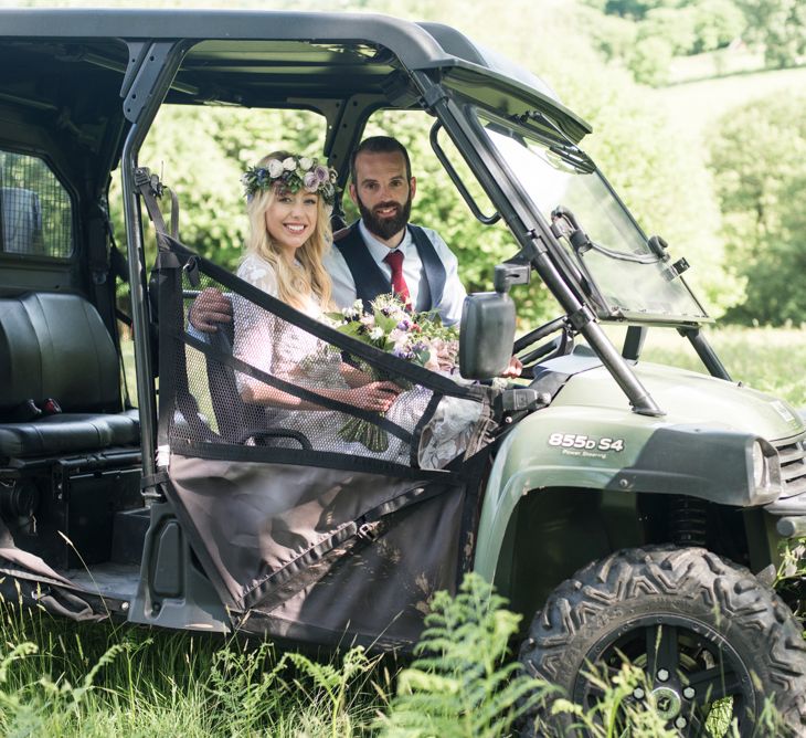 Bride &amp; Groom In 4x4 For Farm Wedding // Sugar Loaf Barn Wedding // Pale Grey Off The Shoulder Bridesmaids Dresses Rewritten // Groom In Harris Tweed // Hog Roast Evening Buffet // Eleanor Jane Photography