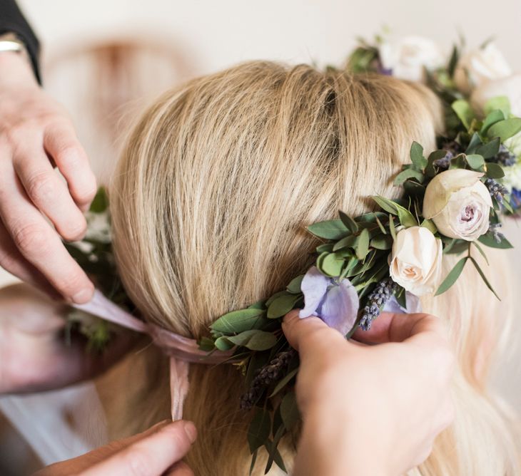 Bride In Flower Crown // Sugar Loaf Barn Wedding // Pale Grey Off The Shoulder Bridesmaids Dresses Rewritten // Groom In Harris Tweed // Hog Roast Evening Buffet // Eleanor Jane Photography