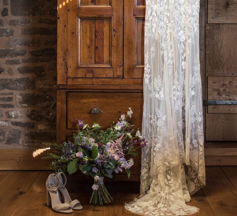 Hermione De Paula Inspired Wedding Dress With Embroidered Florals // Sugar Loaf Barn Wedding // Pale Grey Off The Shoulder Bridesmaids Dresses Rewritten // Groom In Harris Tweed // Hog Roast Evening Buffet // Eleanor Jane Photography