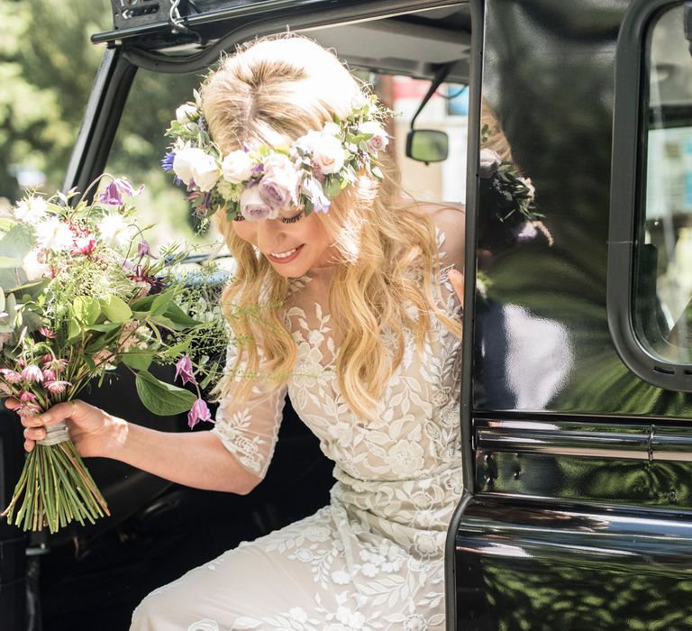 Bride Arriving At Church // Sugar Loaf Barn Wedding // Pale Grey Off The Shoulder Bridesmaids Dresses Rewritten // Groom In Harris Tweed // Hog Roast Evening Buffet // Eleanor Jane Photography