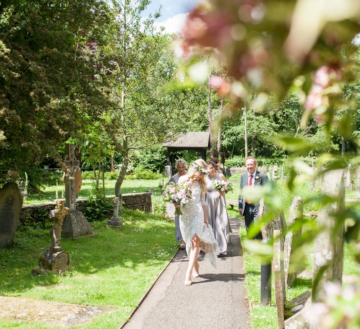 Arriving At The Church // Sugar Loaf Barn Wedding // Pale Grey Off The Shoulder Bridesmaids Dresses Rewritten // Groom In Harris Tweed // Hog Roast Evening Buffet // Eleanor Jane Photography